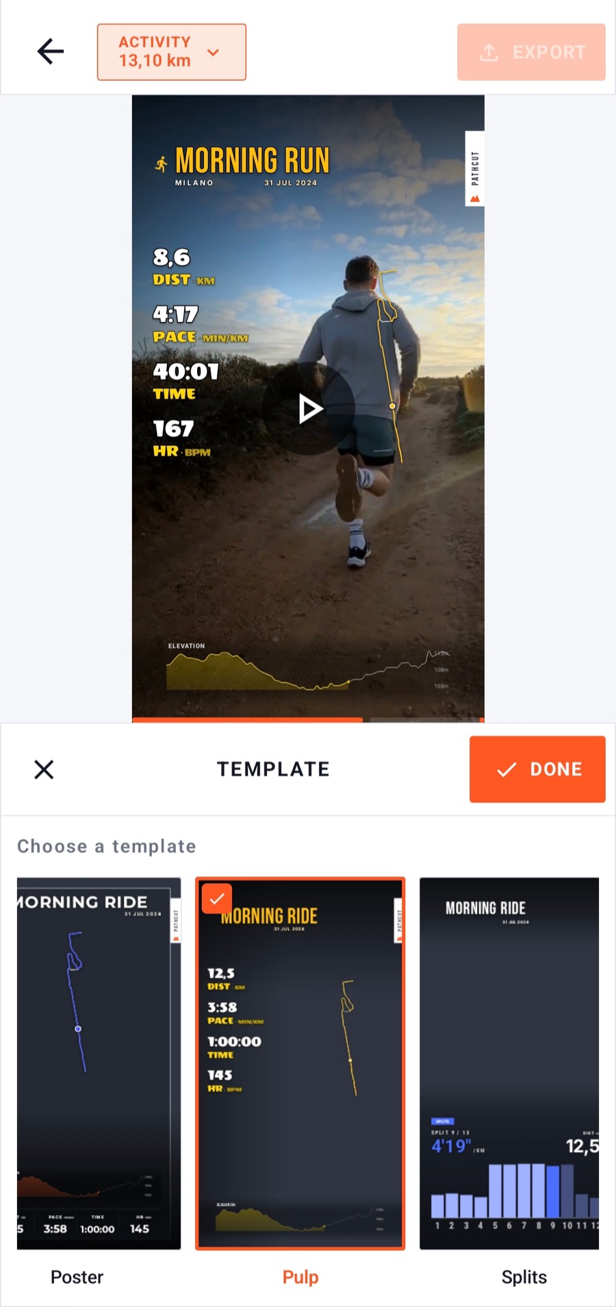 Template picker showing Poster, Pulp and Splits template styles